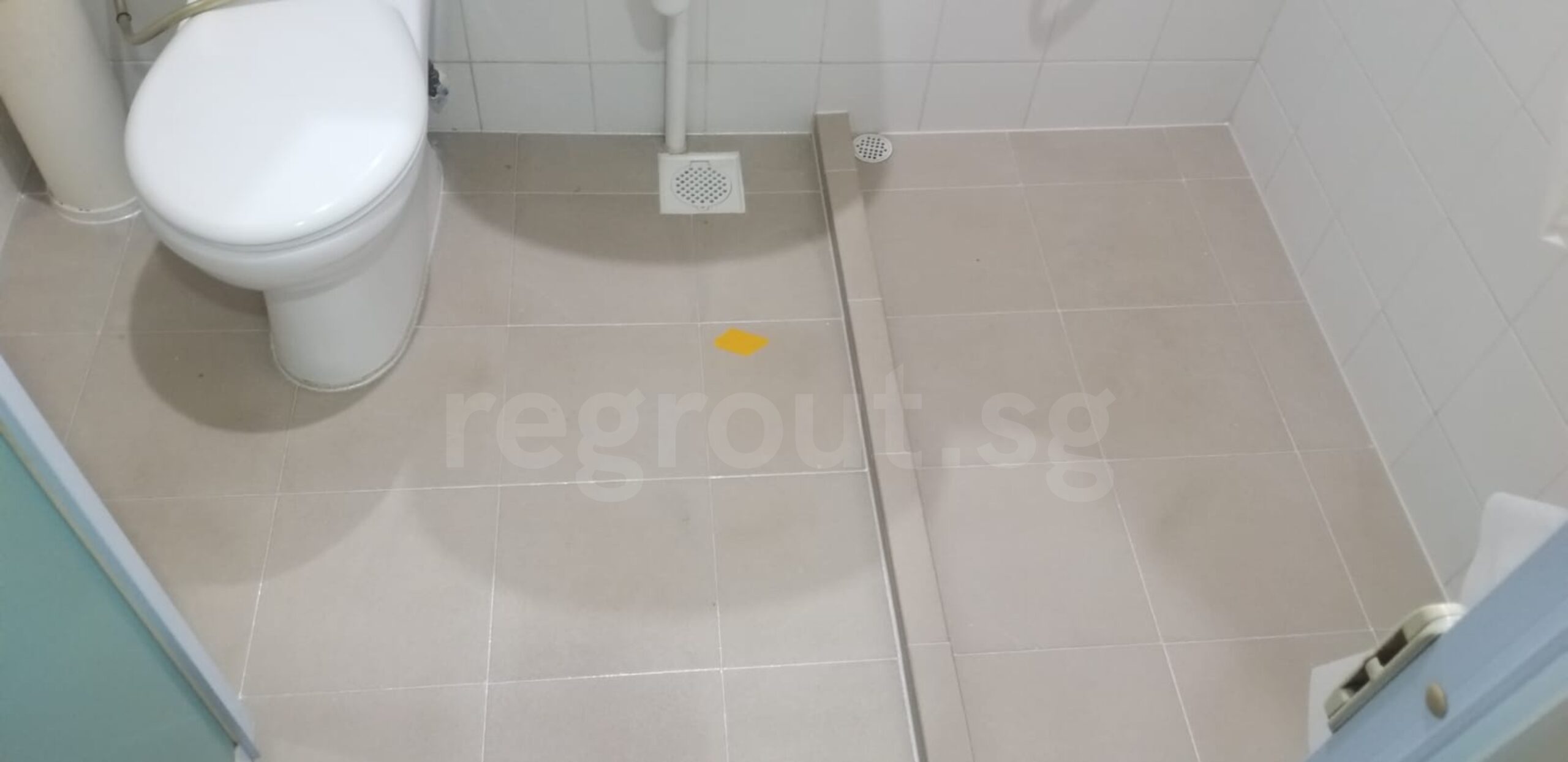 Polyurea grouting applied on bathroom floor tiles for clean white grout lines in Singapore home