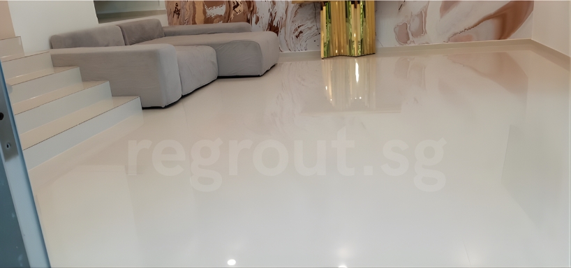 Polyurea grouting applied on bathroom floor tiles for clean white grout lines in Singapore home
